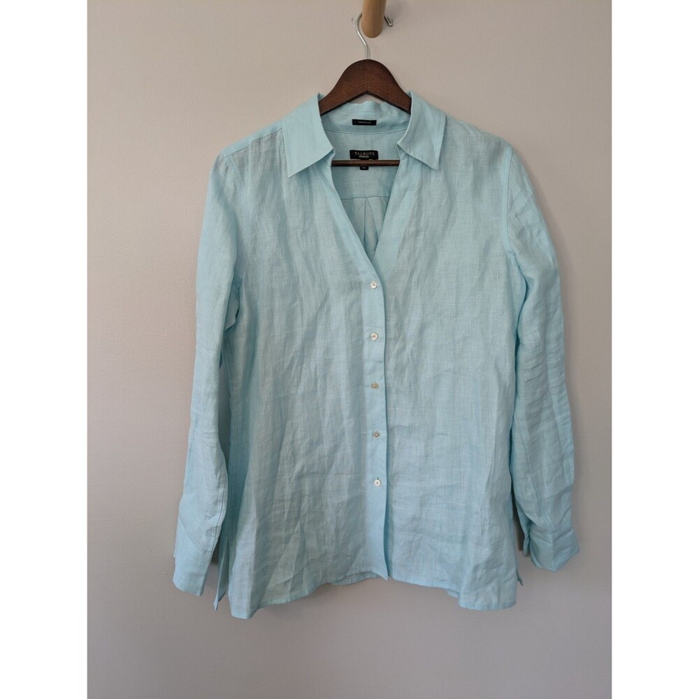 Talbots Womens Shirt Button Down Pure Irish Linen Aqua Lagenlook Coastal Size 8